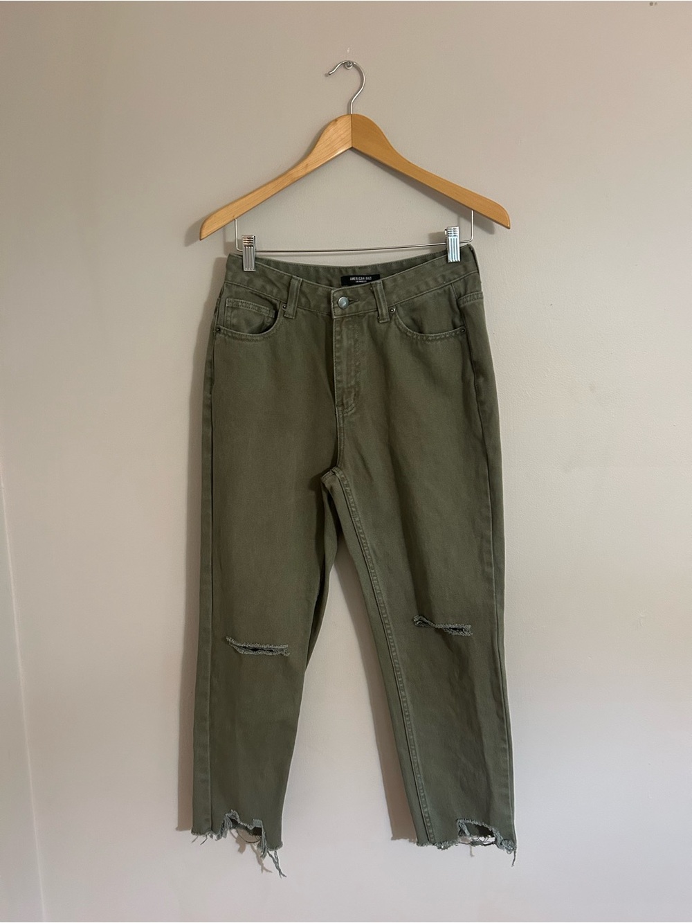 American Bazi Olive Green Slim Straight Distressed Jeans